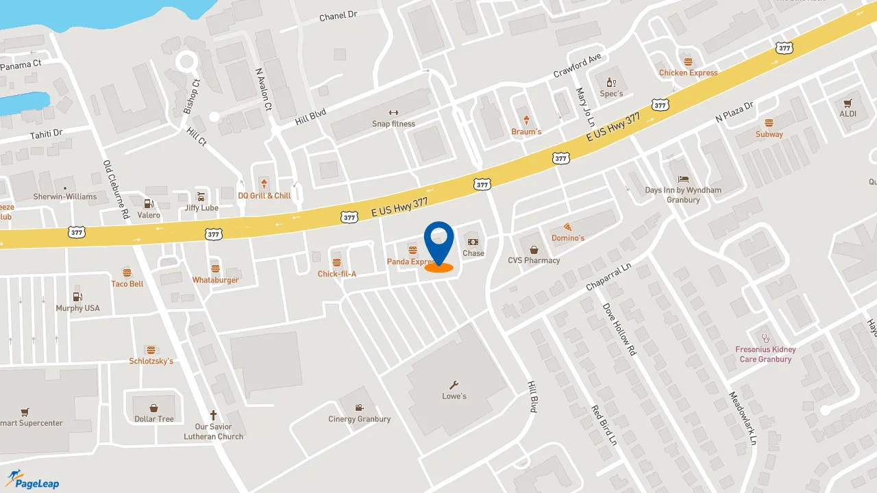 https://pageleap.com map showing location of Raising Cane&#039;s Chicken Fingers in Granbury.