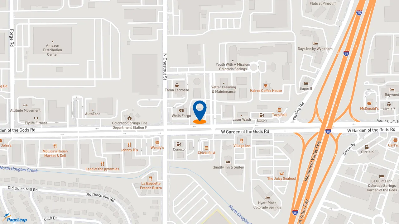 https://pageleap.com map showing location of Raising Cane&#039;s Chicken Fingers in Colorado Springs.