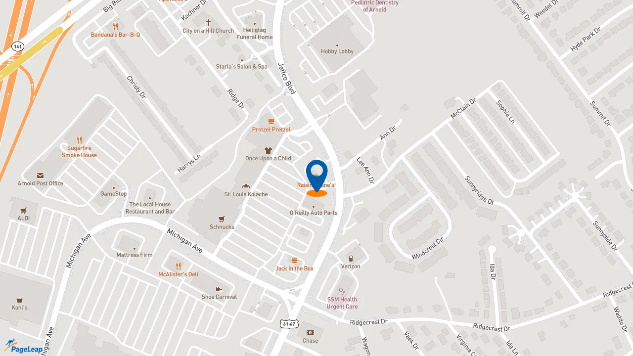 https://pageleap.com map showing location of Raising Cane&#039;s Chicken Fingers in Arnold.