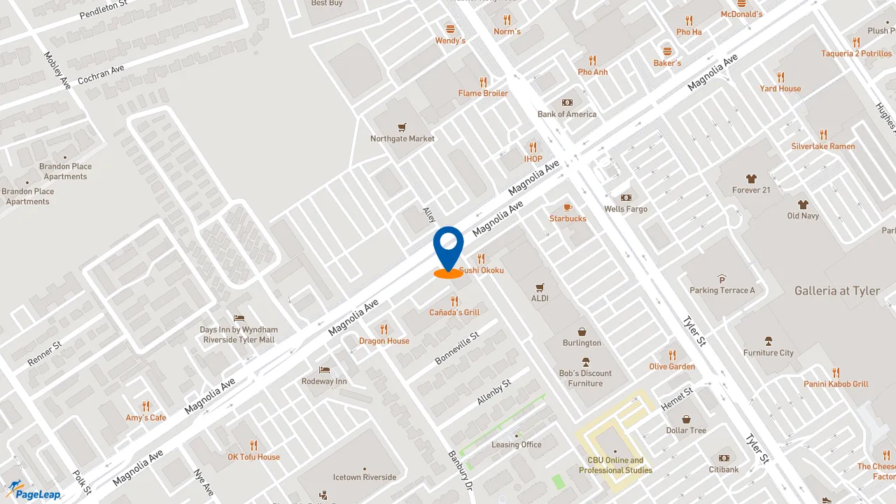 https://pageleap.com map showing location of Raising Cane&#039;s Chicken Fingers in Riverside.