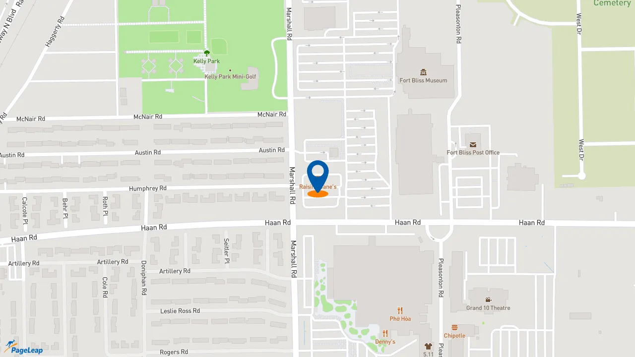 https://pageleap.com map showing location of Raising Cane&#039;s Chicken Fingers in Fort Bliss.