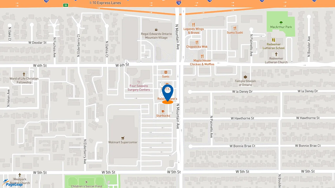 https://pageleap.com map showing location of Raising Cane&#039;s Chicken Fingers in Ontario.