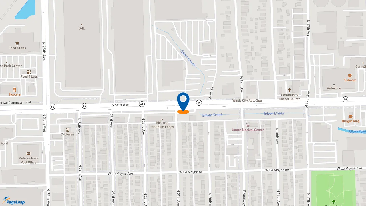 https://pageleap.com map showing location of Raising Cane&#039;s Chicken Fingers in Melrose Park.