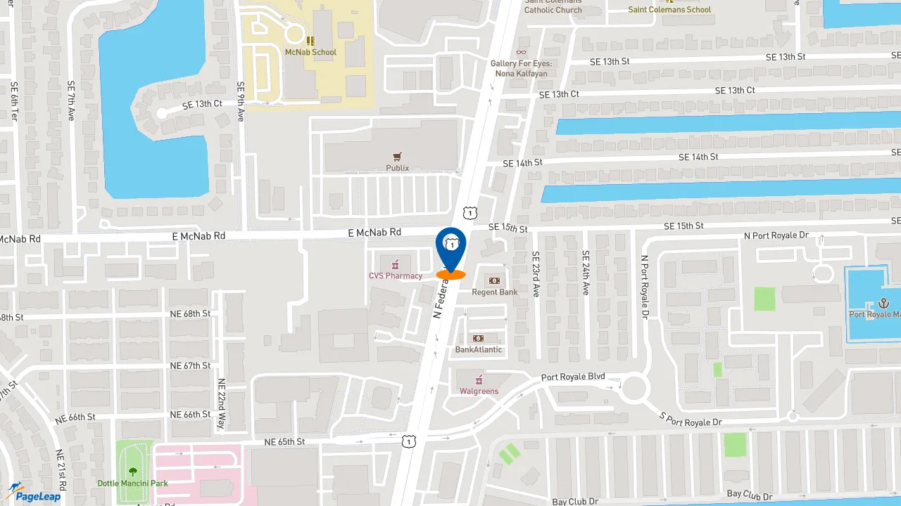 https://pageleap.com map showing location of Raising Cane&#039;s Chicken Fingers in Pompano Beach.