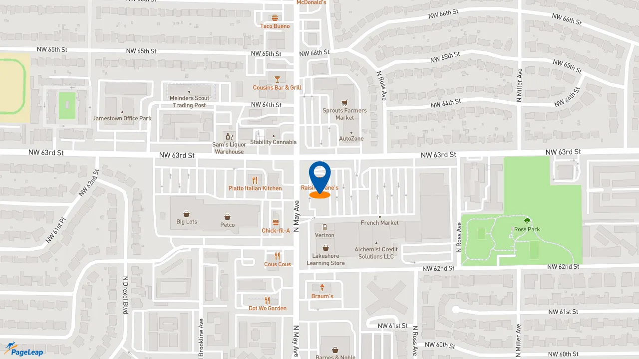 https://pageleap.com map showing location of Raising Cane&#039;s Chicken Fingers in Oklahoma City.