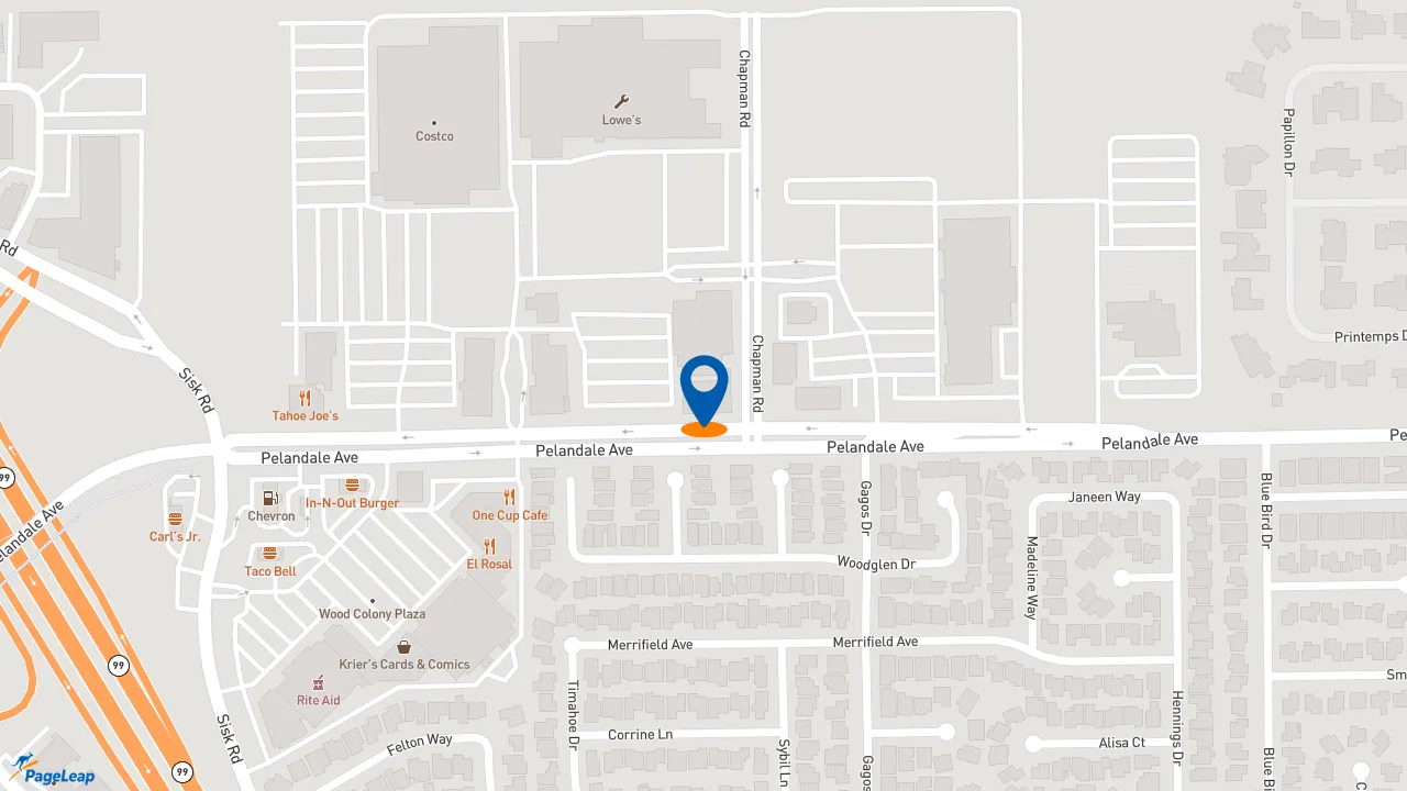 https://pageleap.com map showing location of Raising Cane&#039;s Chicken Fingers in Modesto.