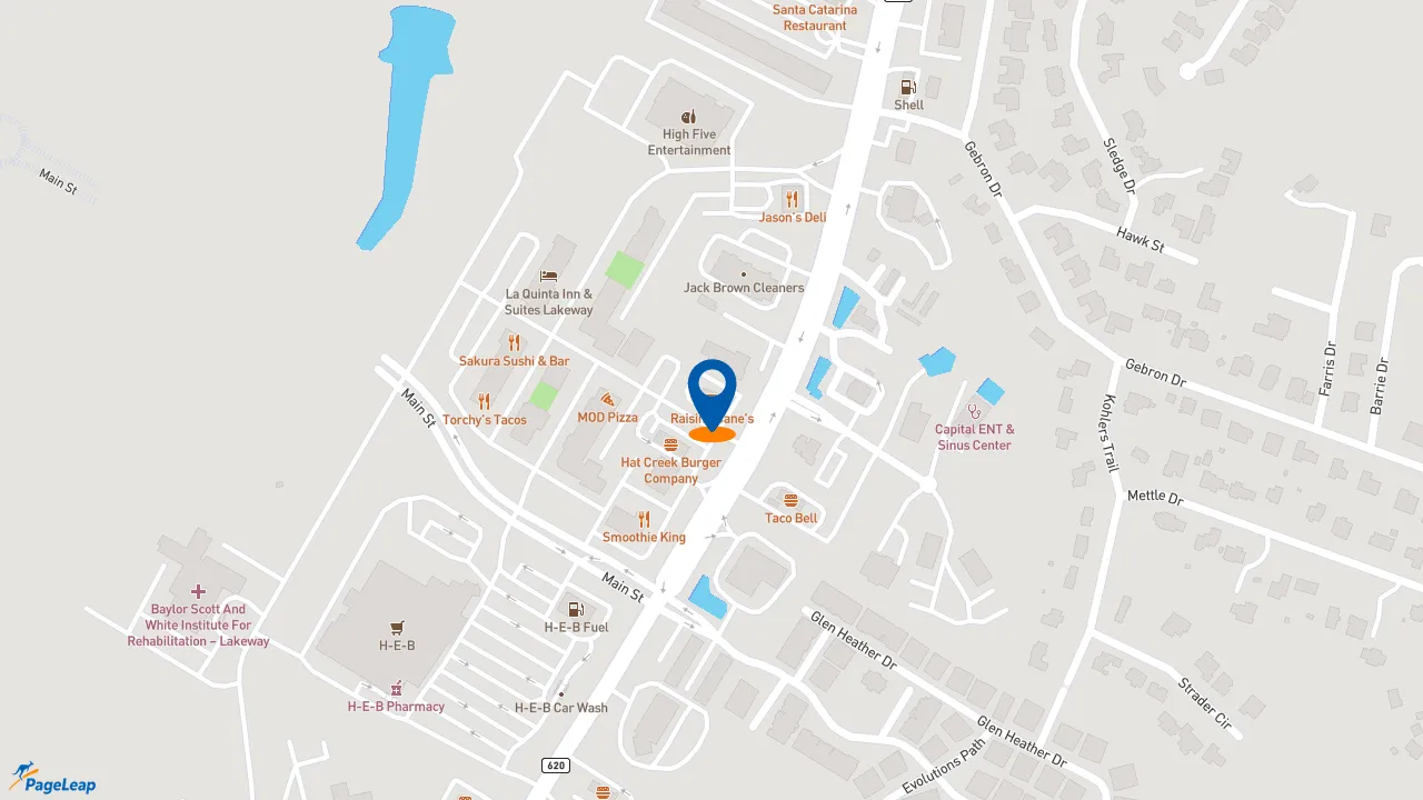https://pageleap.com map showing location of Raising Cane&#039;s Chicken Fingers in Lakeway.