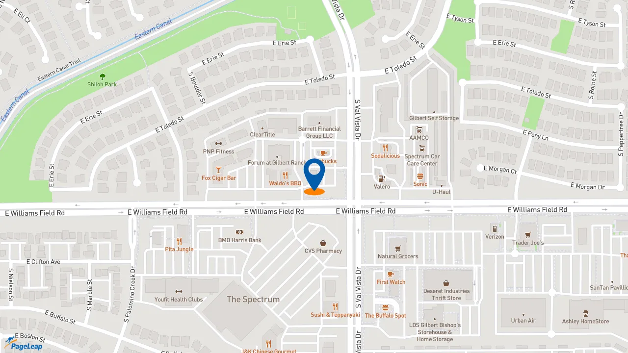 https://pageleap.com map showing location of Raising Cane&#039;s Chicken Fingers in Gilbert.