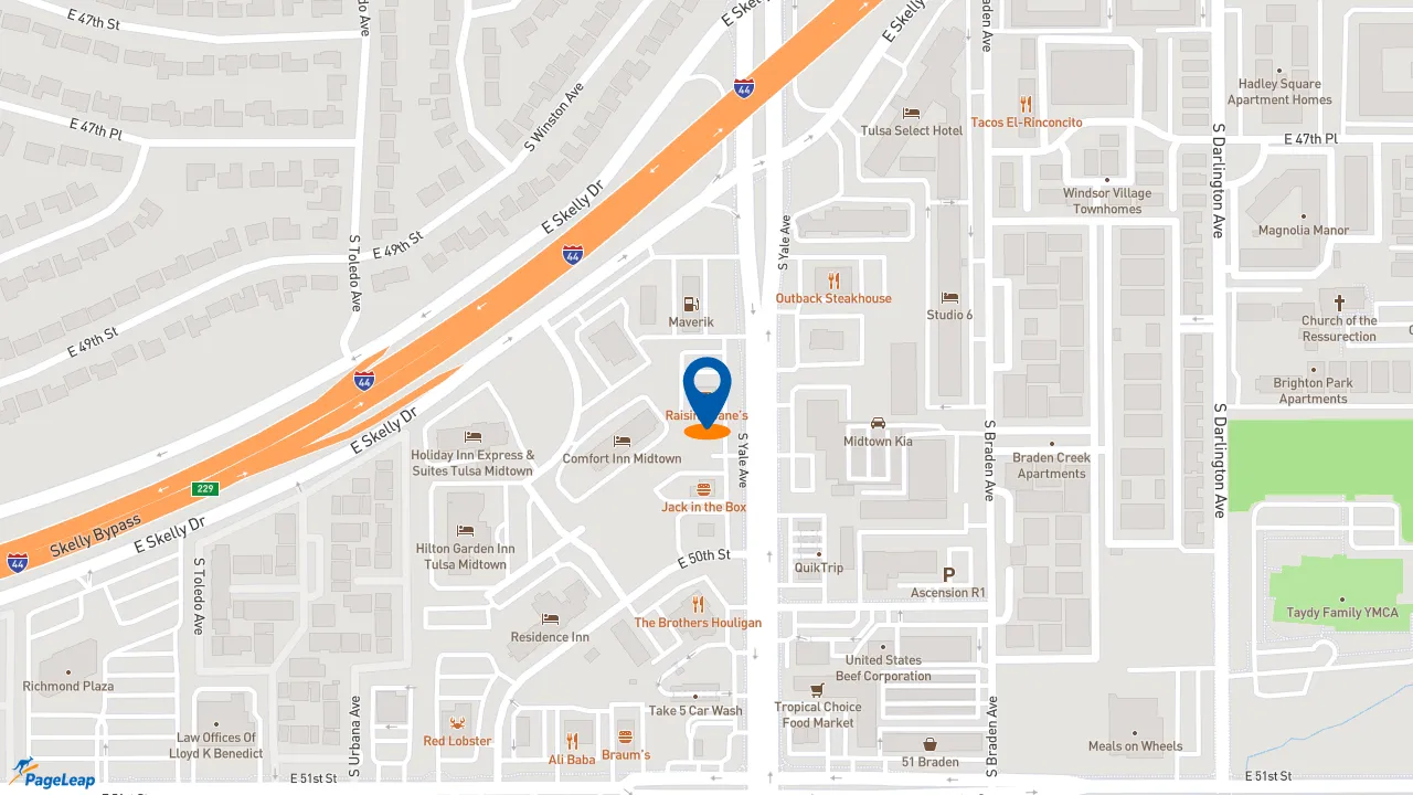 https://pageleap.com map showing location of Raising Cane&#039;s Chicken Fingers in Tulsa.