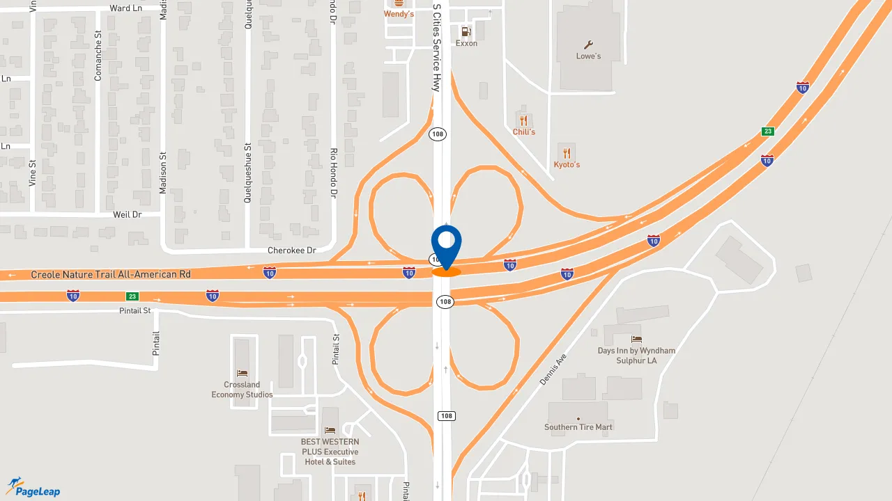 https://pageleap.com map showing location of Raising Cane&#039;s Chicken Fingers in Sulphur.