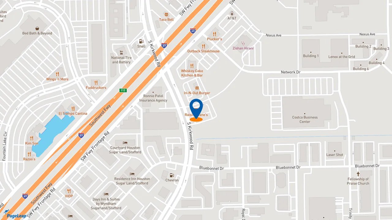https://pageleap.com map showing location of Raising Cane&#039;s Chicken Fingers in Stafford.