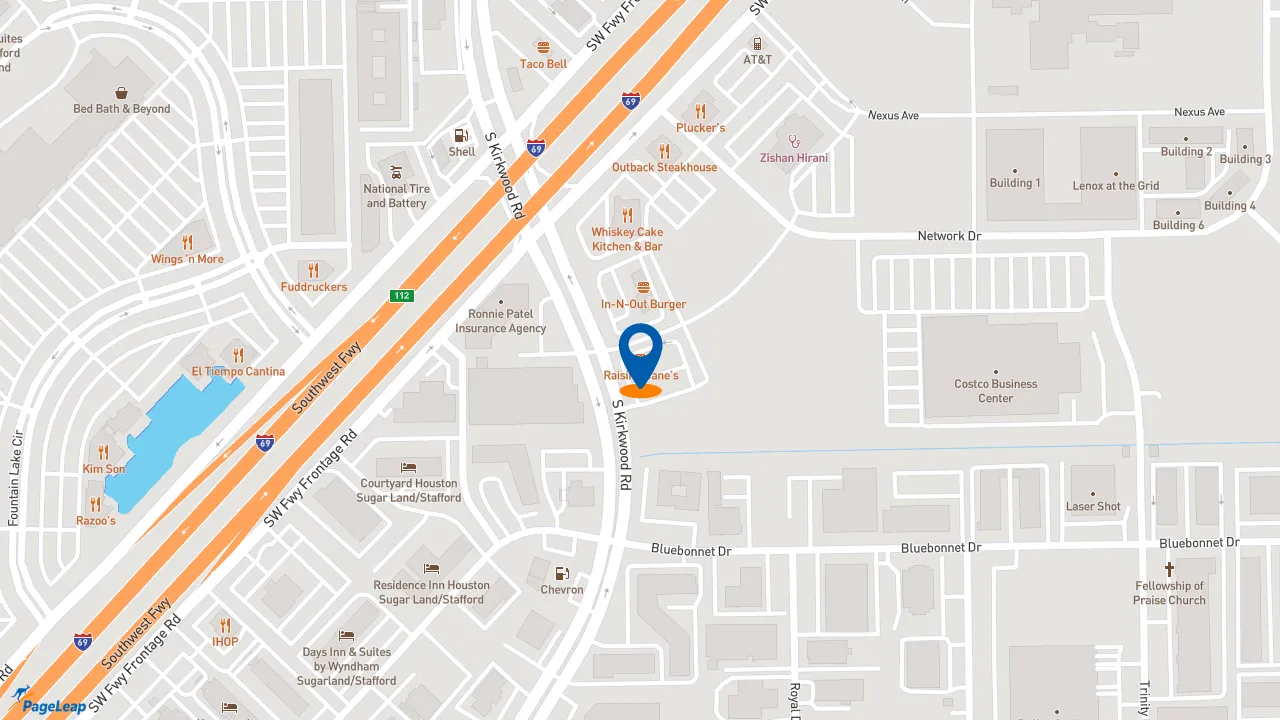 https://pageleap.com map showing location of Raising Cane&#039;s Chicken Fingers in Stafford.