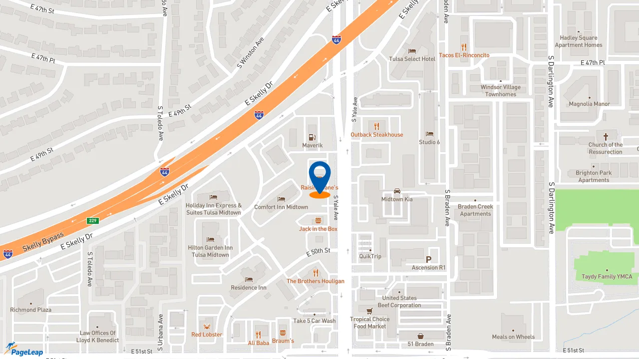 https://pageleap.com map showing location of Raising Cane&#039;s Chicken Fingers in Tulsa.