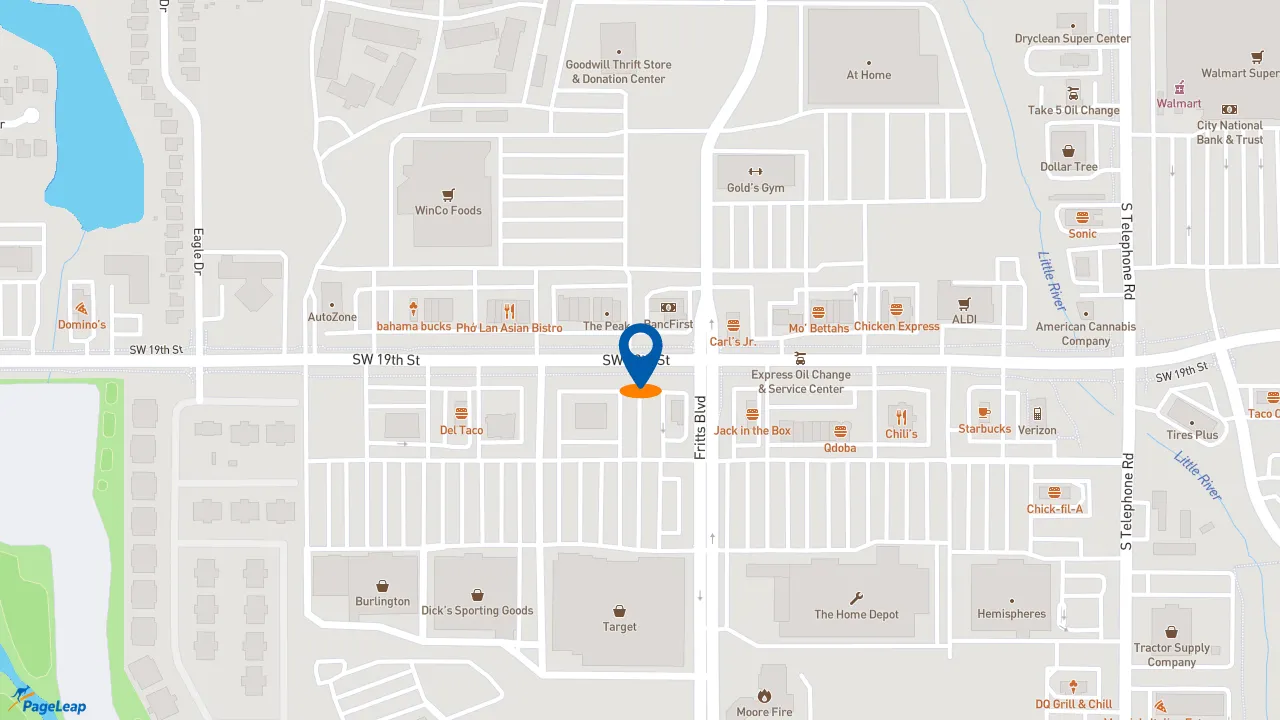https://pageleap.com map showing location of Raising Cane&#039;s Chicken Fingers in Moore.