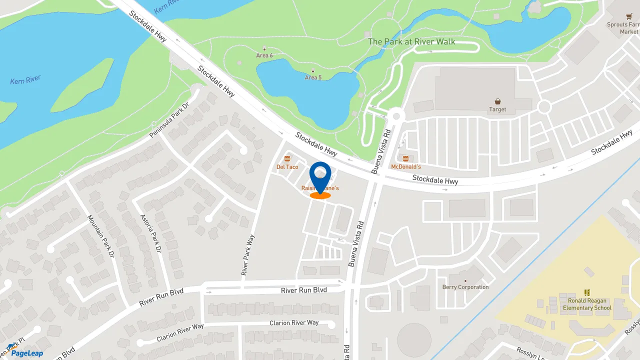 https://pageleap.com map showing location of Raising Cane&#039;s Chicken Fingers in Bakersfield.
