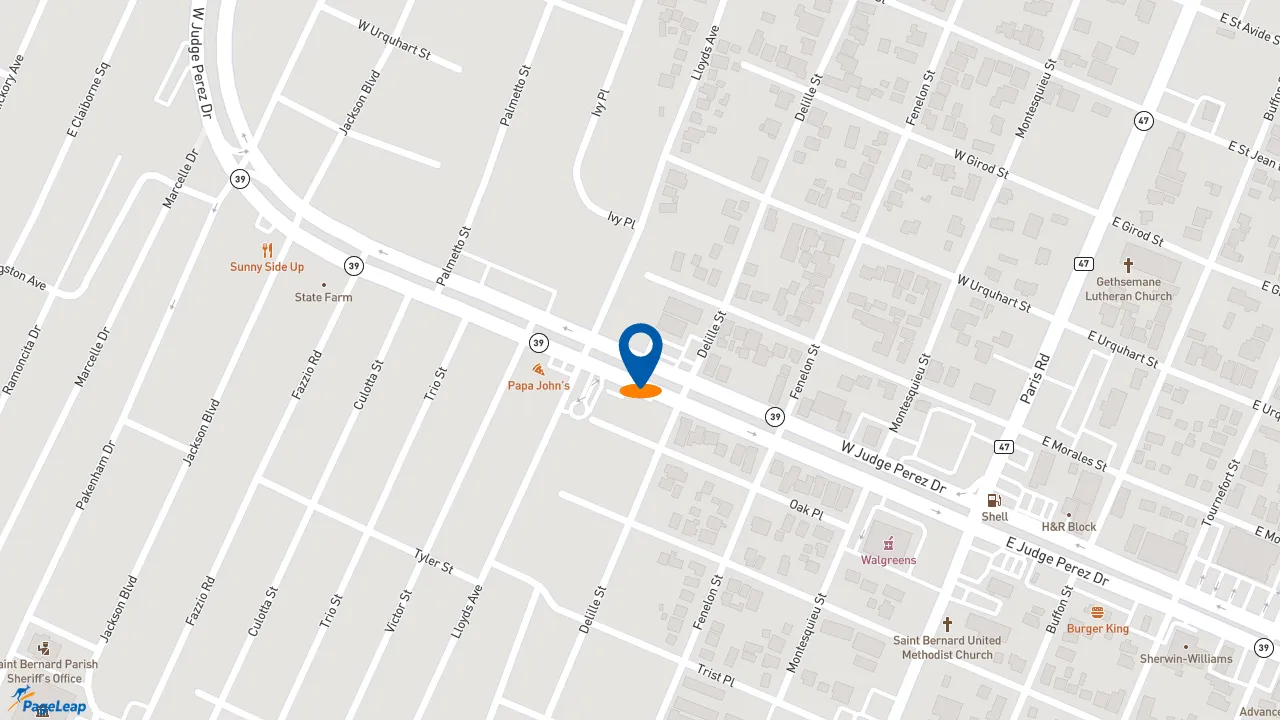 https://pageleap.com map showing location of Raising Cane&#039;s Chicken Fingers in Chalmette.