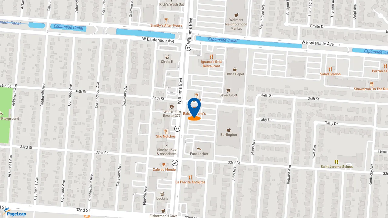 https://pageleap.com map showing location of Raising Cane&#039;s Chicken Fingers in Kenner.