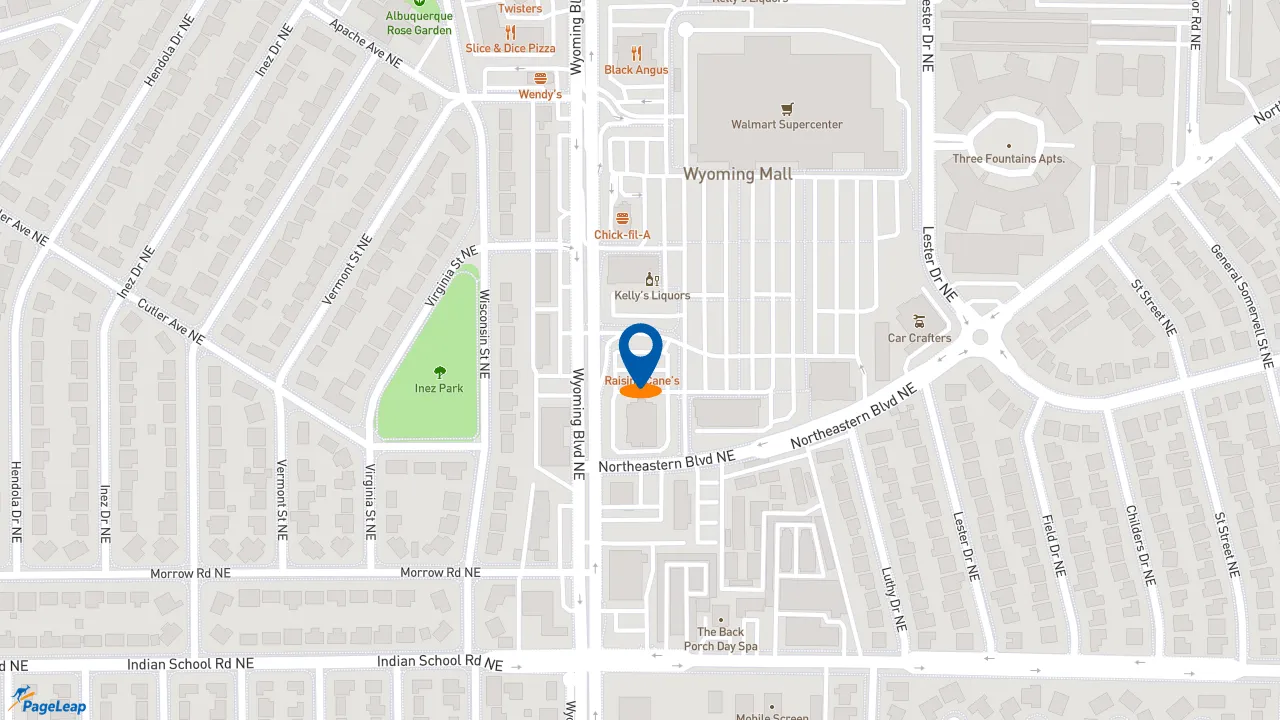 https://pageleap.com map showing location of Raising Cane&#039;s Chicken Fingers in Albuquerque.