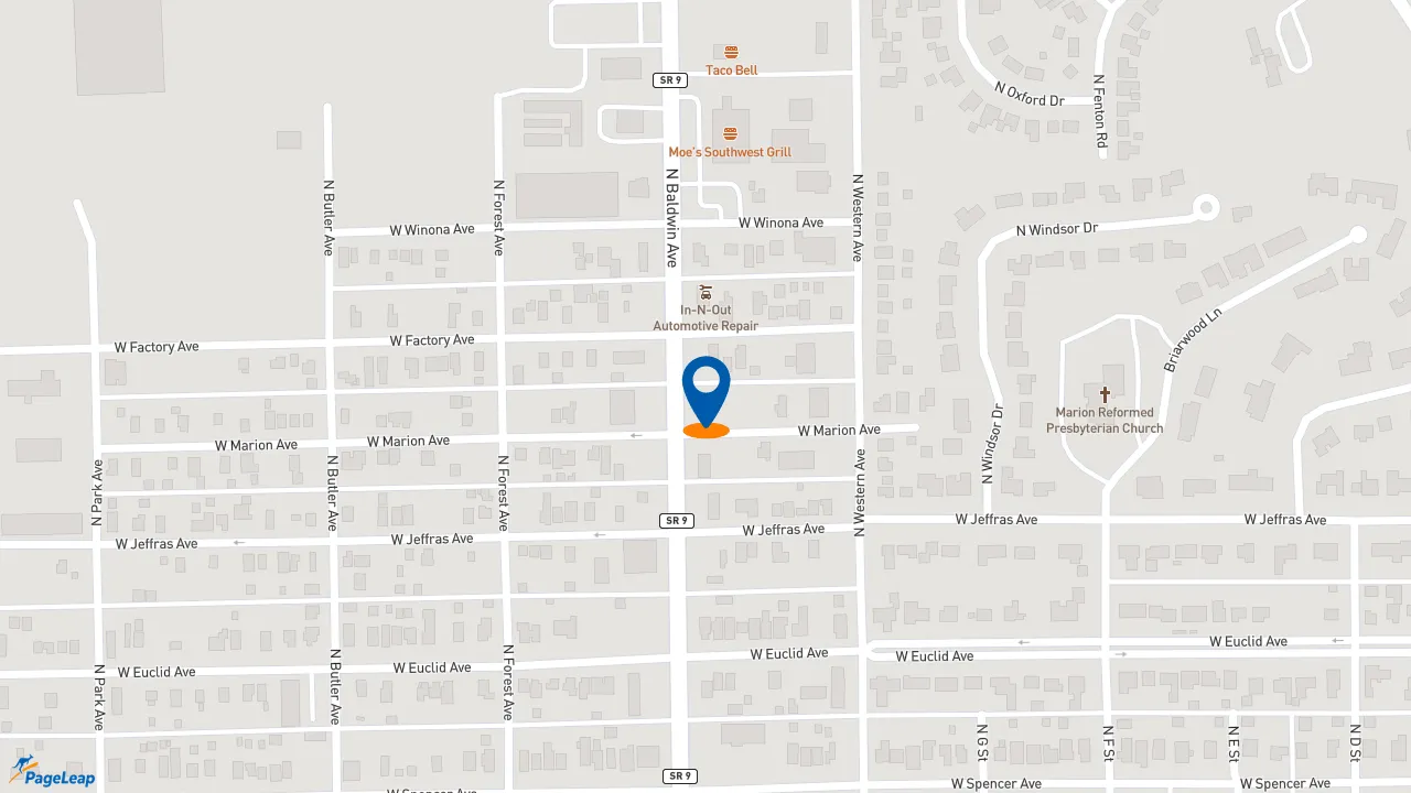 https://pageleap.com map showing location of Rally&#039;s in Marion.