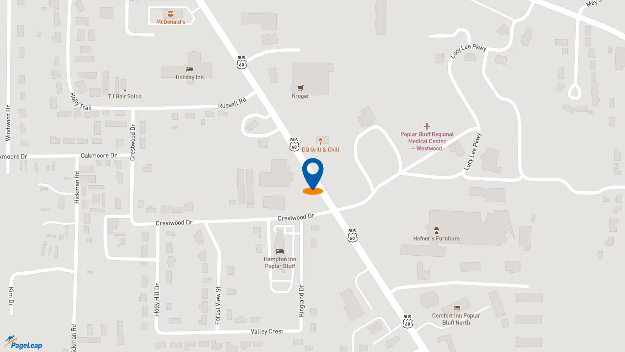 https://pageleap.com map showing location of Rally&#039;s in Poplar Bluff.