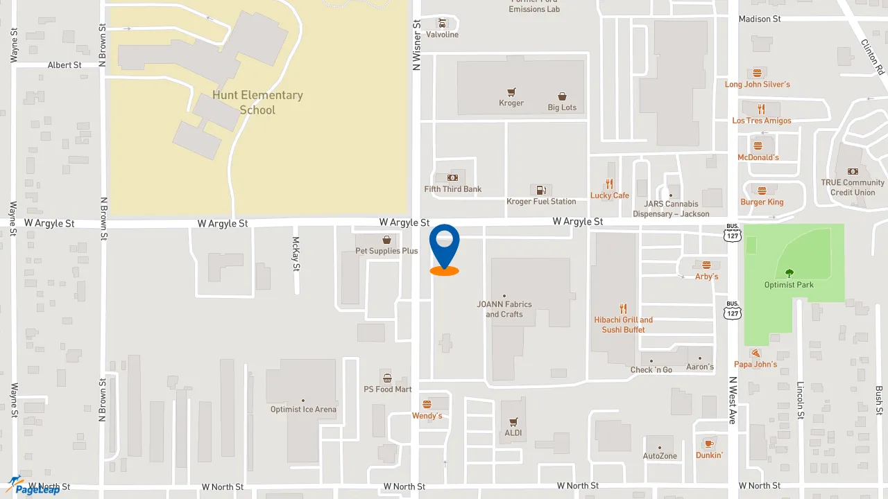 https://pageleap.com map showing location of Rally&#039;s in Jackson.