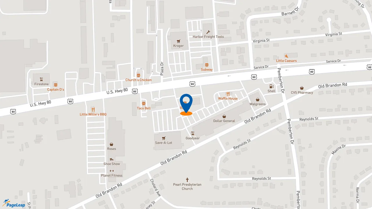 https://pageleap.com map showing location of Rally&#039;s in Pearl.