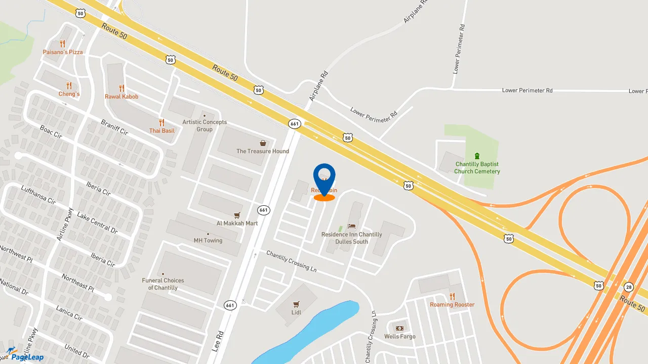 https://pageleap.com map showing location of Red Robin Gourmet Burgers and Brews in Chantilly.