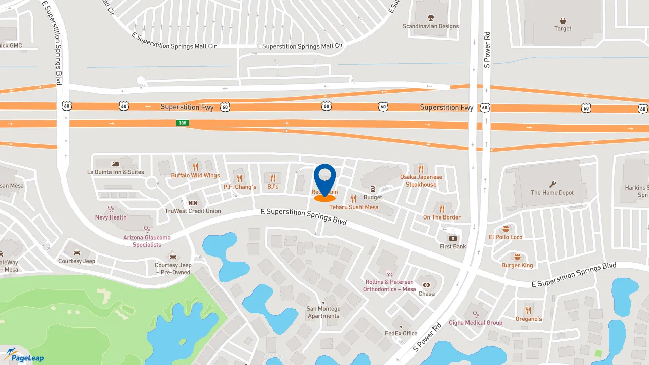 https://pageleap.com map showing location of Red Robin Gourmet Burgers and Brews in Mesa.