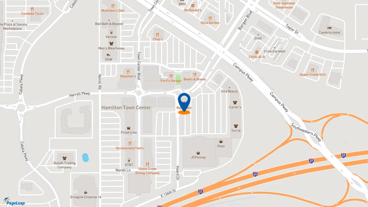 https://pageleap.com map showing location of Red Robin Gourmet Burgers and Brews in Noblesville.