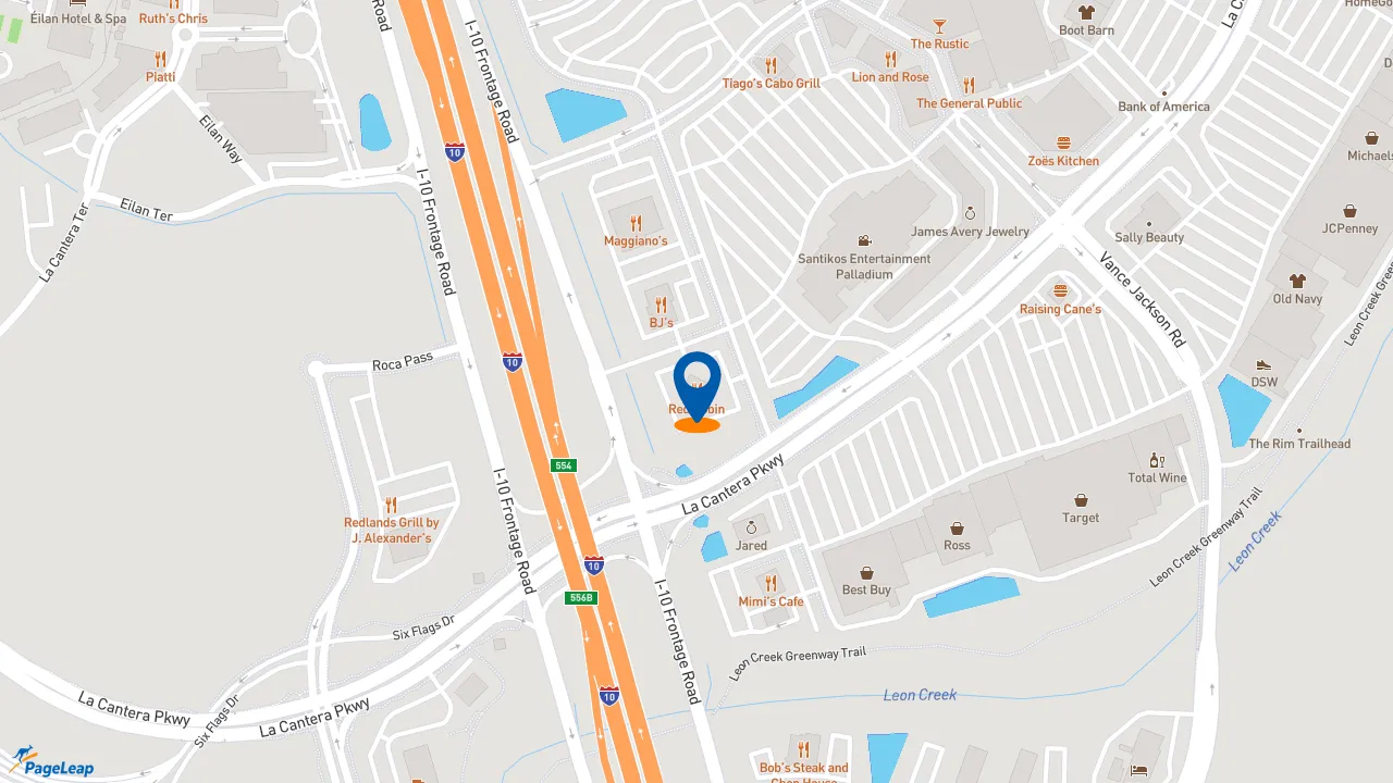 https://pageleap.com map showing location of Red Robin Gourmet Burgers and Brews in San Antonio.