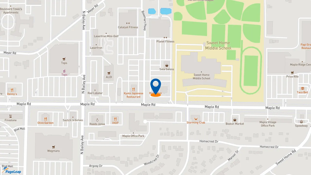 https://pageleap.com map showing location of Red Robin Gourmet Burgers and Brews in Amherst.