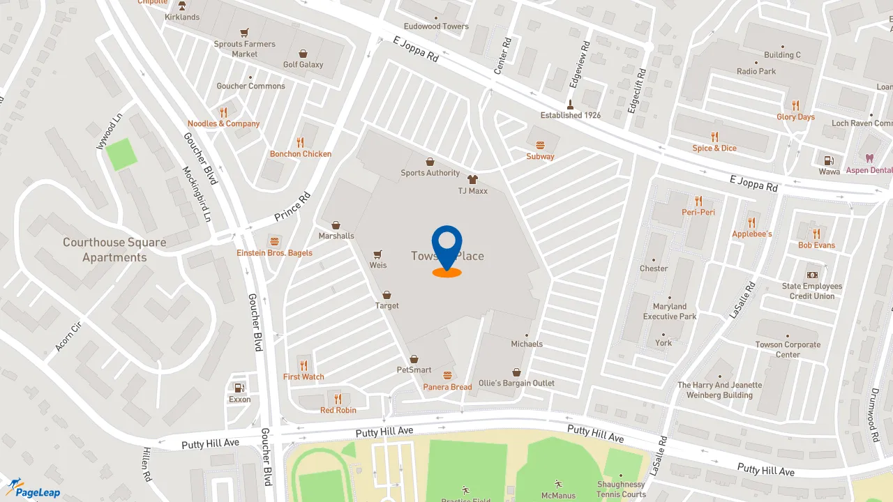 https://pageleap.com map showing location of Red Robin Gourmet Burgers and Brews in Towson.