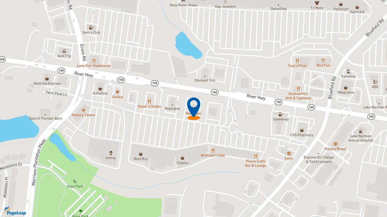 https://pageleap.com map showing location of Red Robin Gourmet Burgers and Brews in Mooresville.