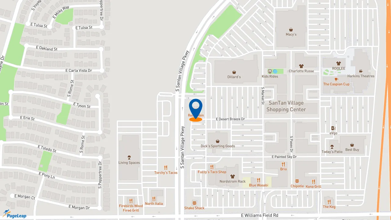 https://pageleap.com map showing location of Red Robin Gourmet Burgers and Brews in Gilbert.