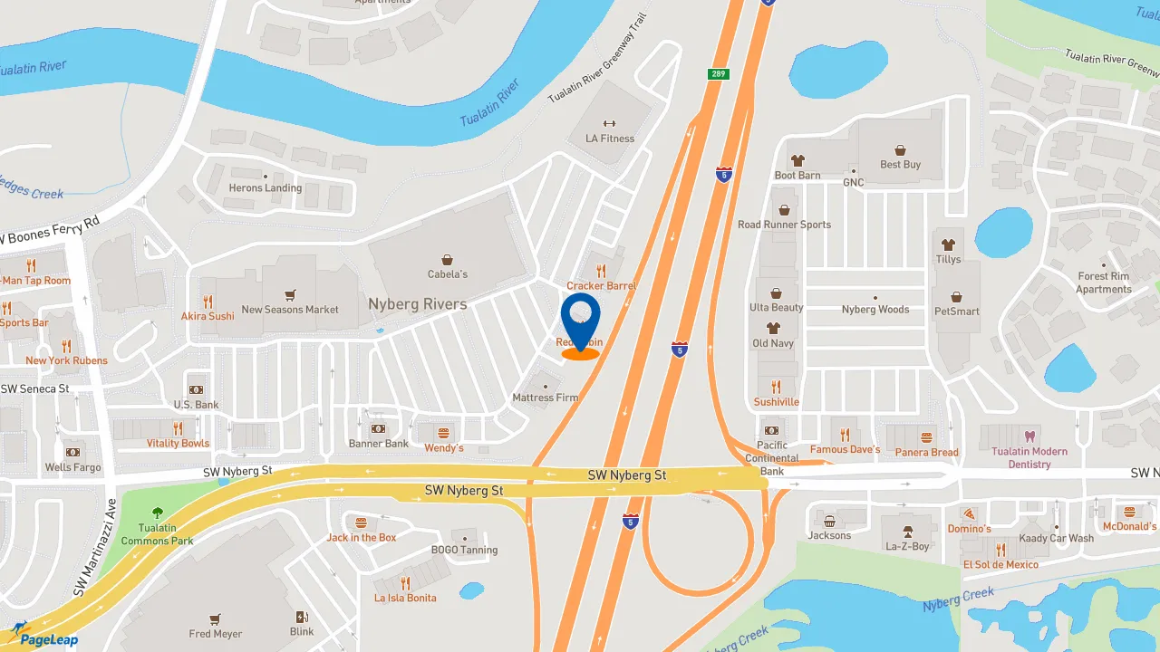 https://pageleap.com map showing location of Red Robin Gourmet Burgers and Brews in Tualatin.