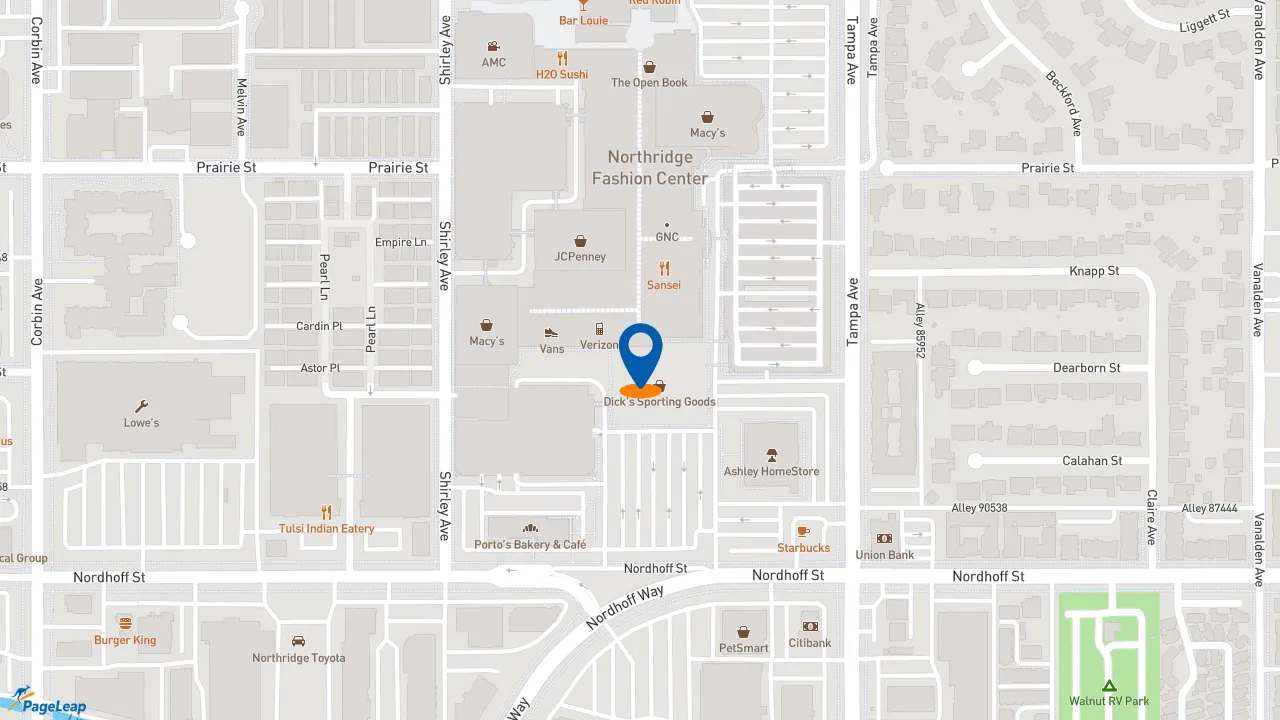 https://pageleap.com map showing location of Red Robin Gourmet Burgers and Brews in Northridge.