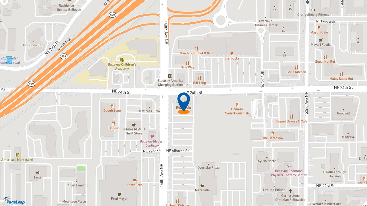 https://pageleap.com map showing location of Red Robin Gourmet Burgers and Brews in Redmond.