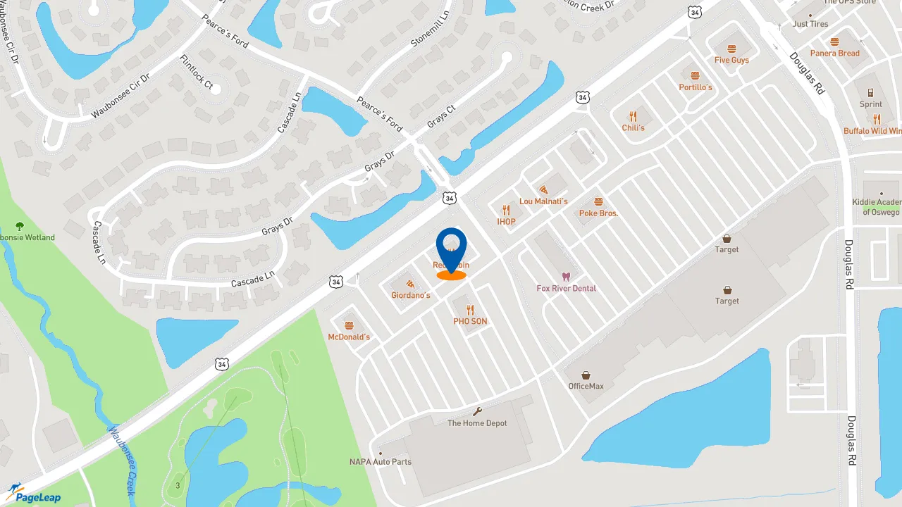 https://pageleap.com map showing location of Red Robin Gourmet Burgers and Brews in Oswego.