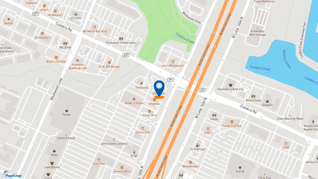 https://pageleap.com map showing location of Red Robin Gourmet Burgers and Brews in San Antonio.