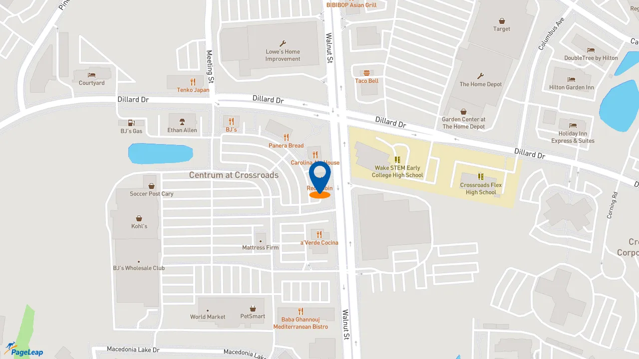 https://pageleap.com map showing location of Red Robin Gourmet Burgers and Brews in Cary.