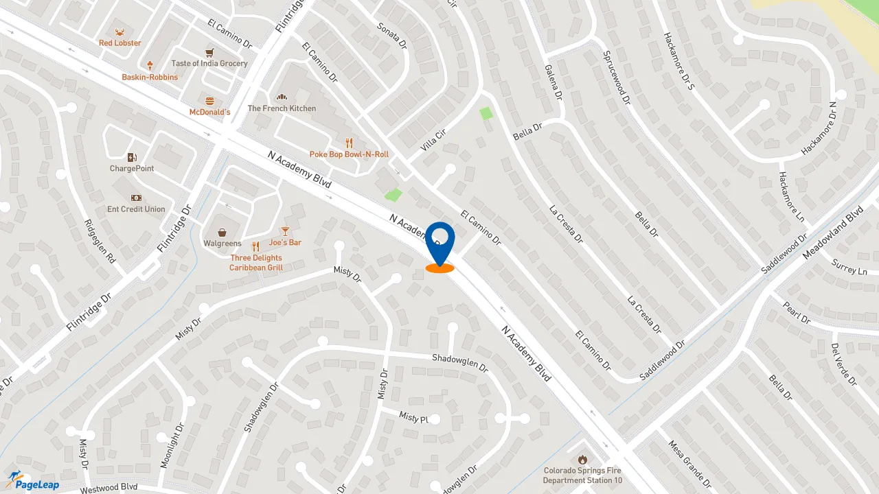https://pageleap.com map showing location of Rumba Authentic Latin Cuisine in Colorado Springs.