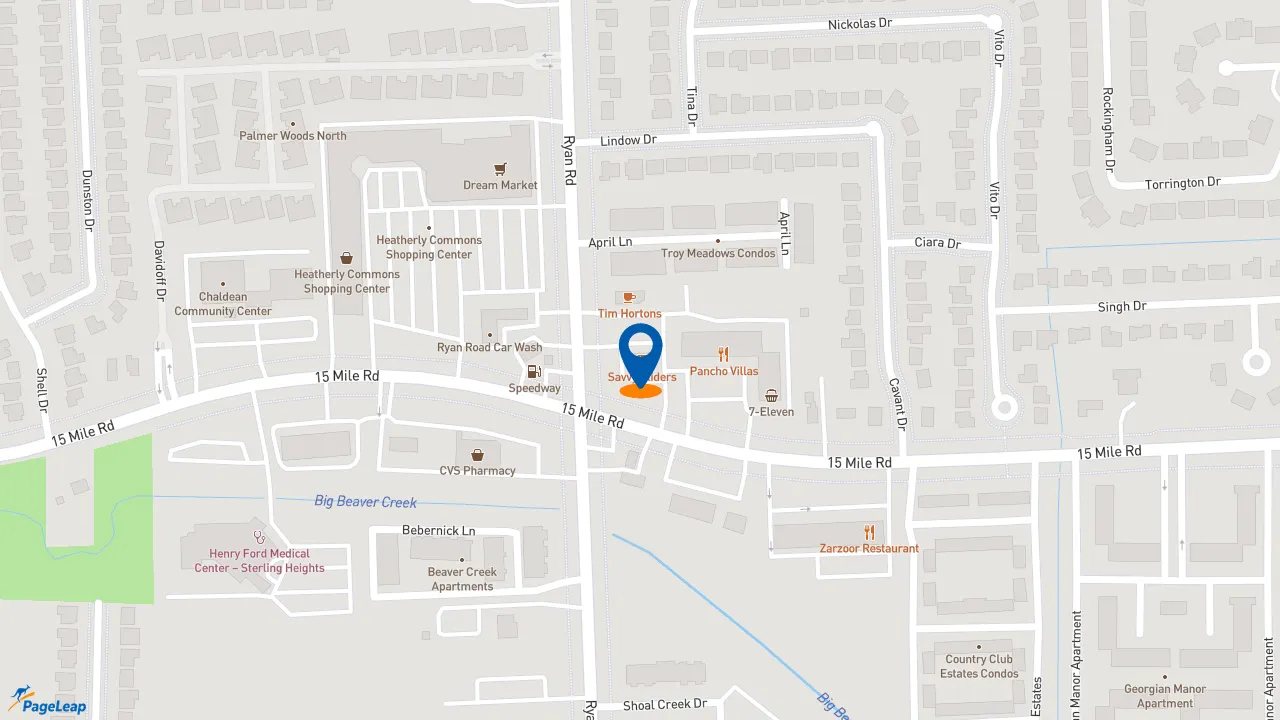 https://pageleap.com map showing location of Savvy Sliders in Sterling Heights.