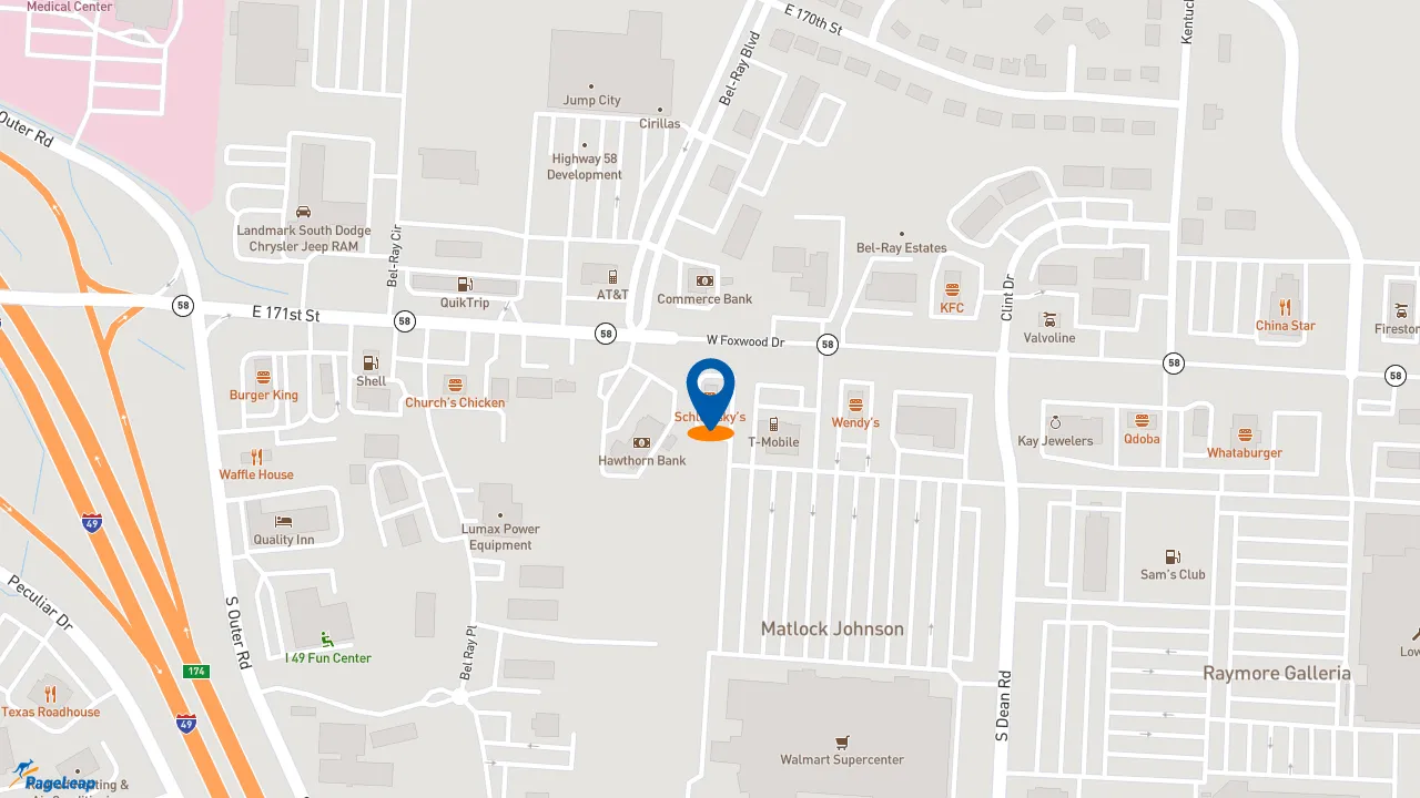 https://pageleap.com map showing location of Schlotzsky&#039;s in Raymore.
