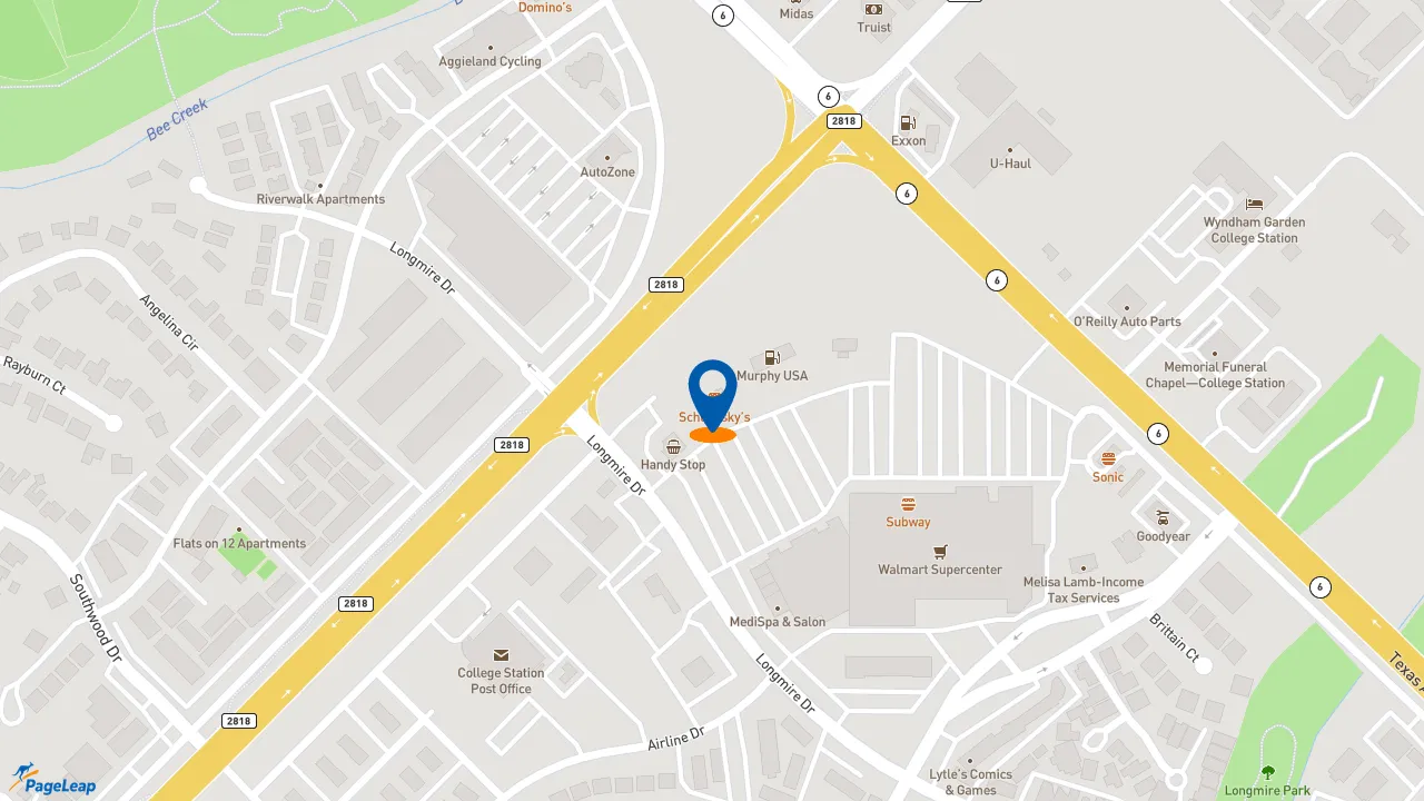 https://pageleap.com map showing location of Schlotzsky&#039;s in College Station.