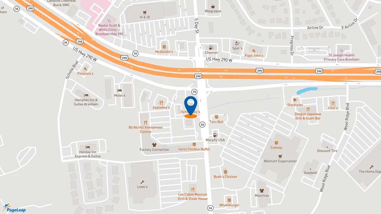 https://pageleap.com map showing location of Schlotzsky&#039;s in Brenham.