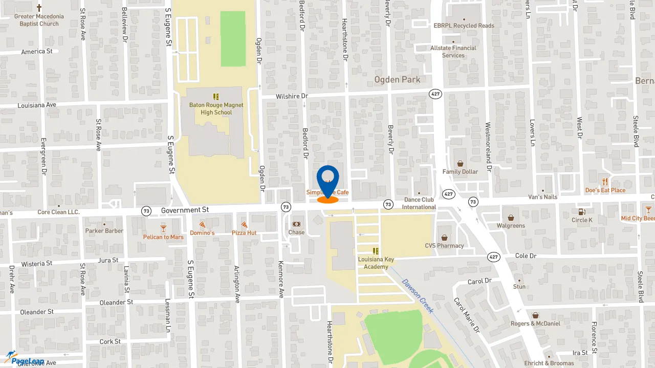 https://pageleap.com map showing location of Simple Joe Cafe in Baton Rouge.