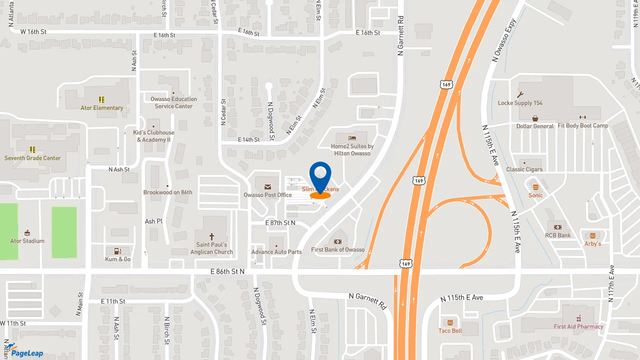 https://pageleap.com map showing location of Slim Chickens in Owasso.