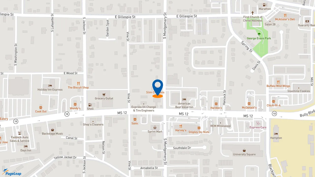 https://pageleap.com map showing location of Slim Chickens in Starkville.