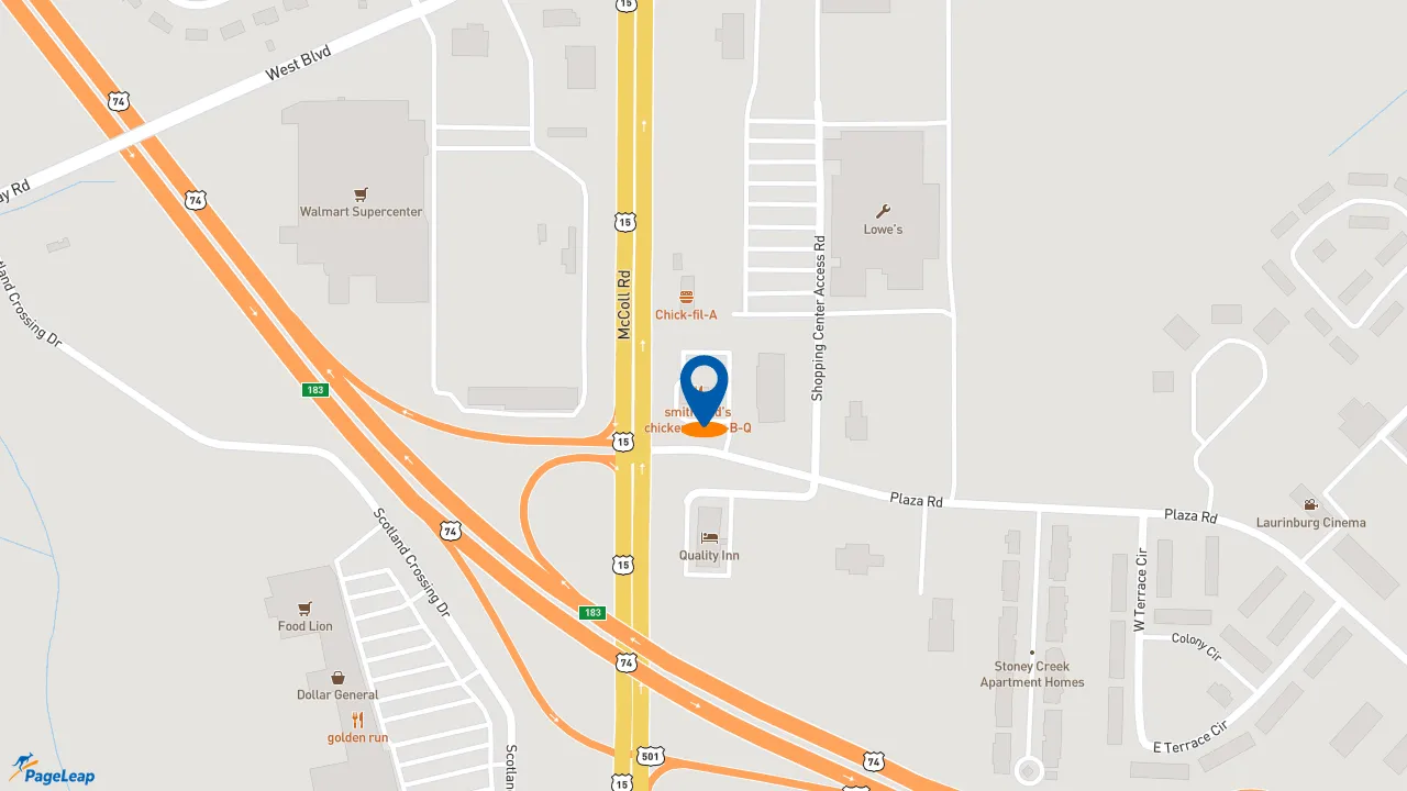 https://pageleap.com map showing location of Smithfield&#039;s Chicken &#039;N Bar-B-Q in Laurinburg.
