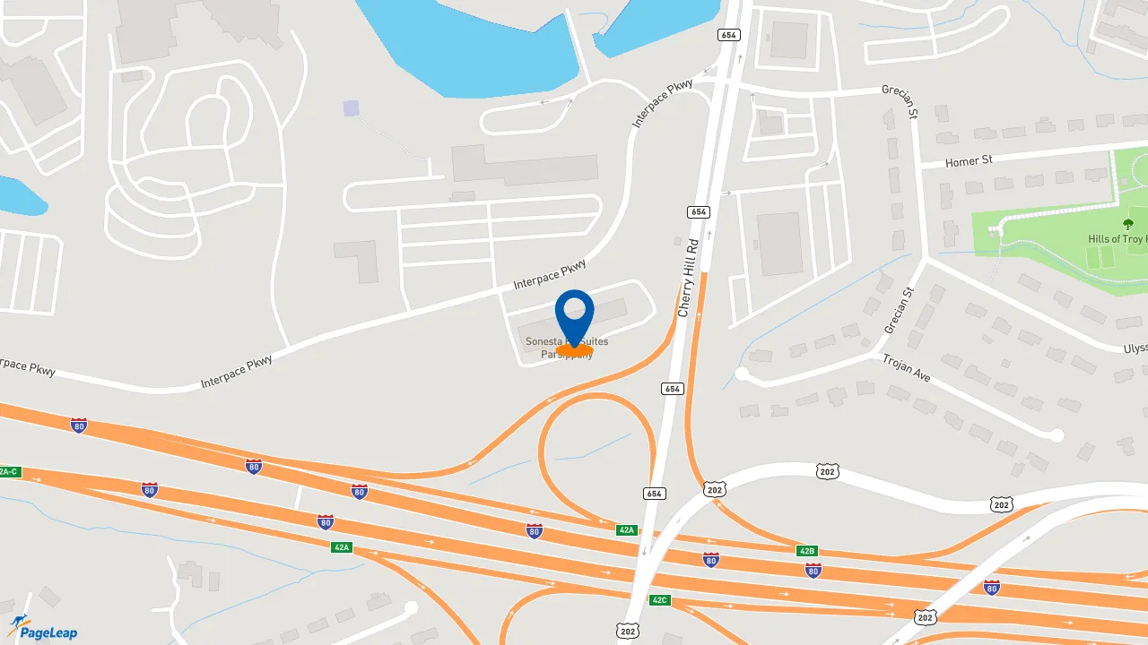 https://pageleap.com map showing location of Sonesta ES Suites Parsippany in Parsippany.